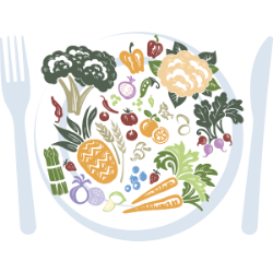 Animation of a plate filled with fruit and vegetables
