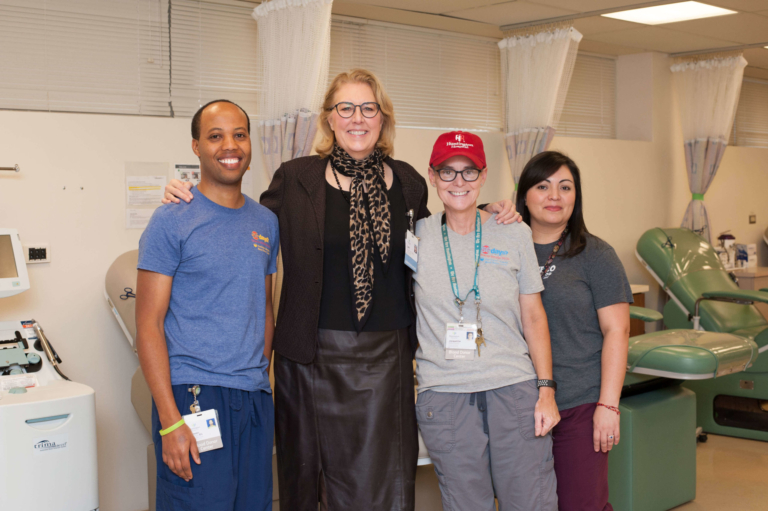 Huntington Hospital blood donor center staff smiling together in donation facility