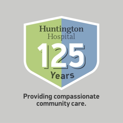 125 years Huntington Hospital badge. Under the badge is written Providing compassionate community care.