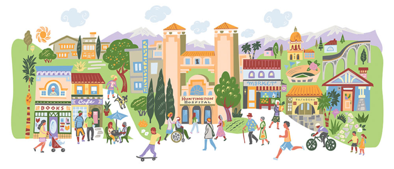 Colorful illustrated scene of diverse community members near Huntington Hospital