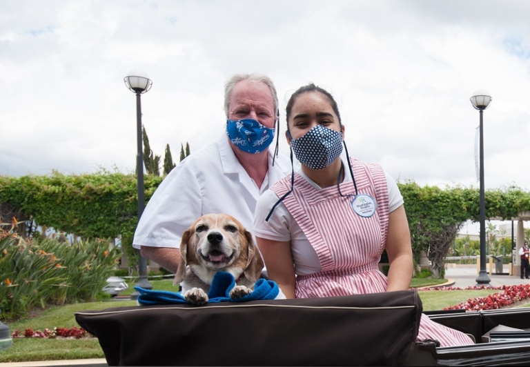 Two masked volunteers posing with a beagle in a wagon