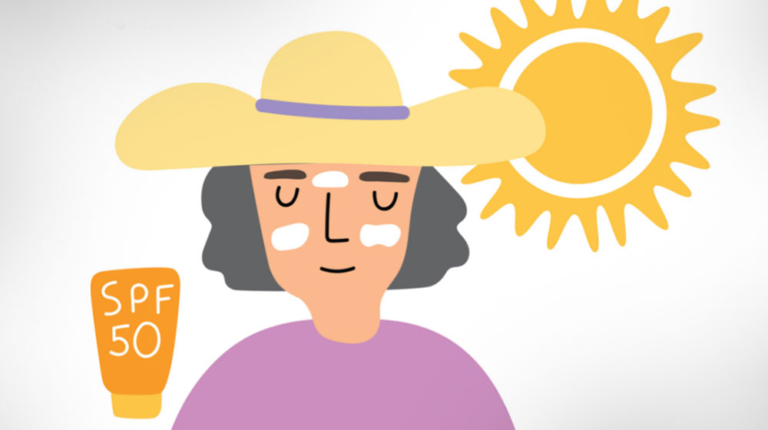Sun safety - drawn graphic of woman with large hat and SPF 50 with sun shining