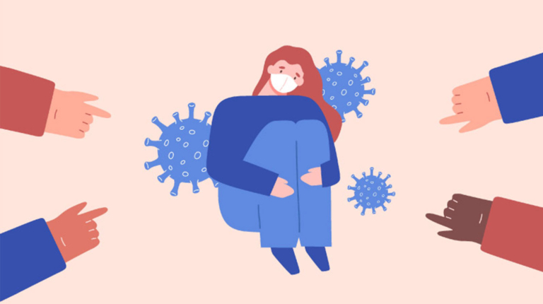 Graphic of sad, sick girl with mask, with people pointing fingers at her